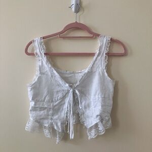 Boho chic 100% linen tie front lace top